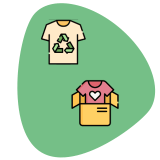 Cartoon of a pink t-shirt with a while heart in good contion half inside a yellow box
